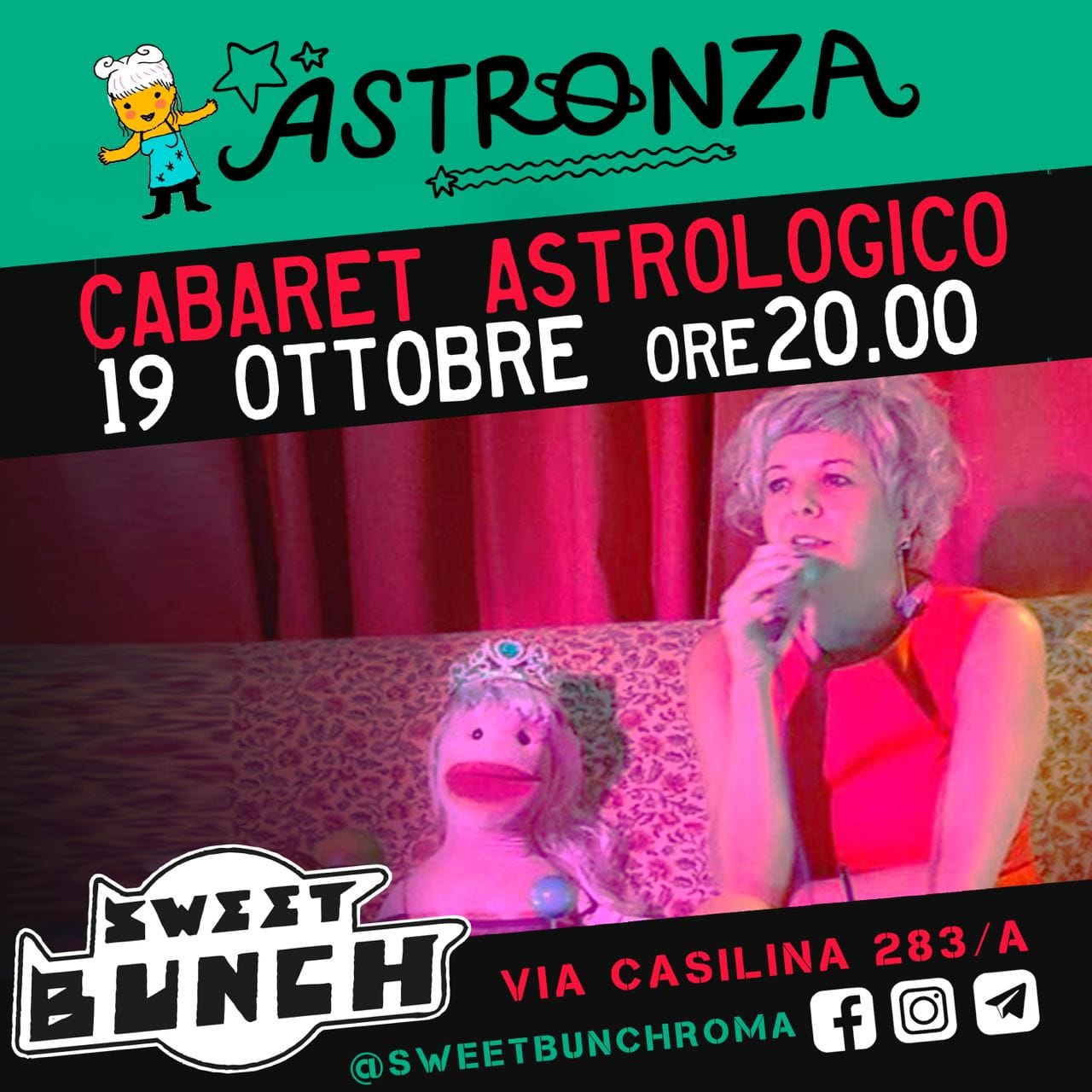 Locandina cabaret astrologico Sweet Bunch ottobre