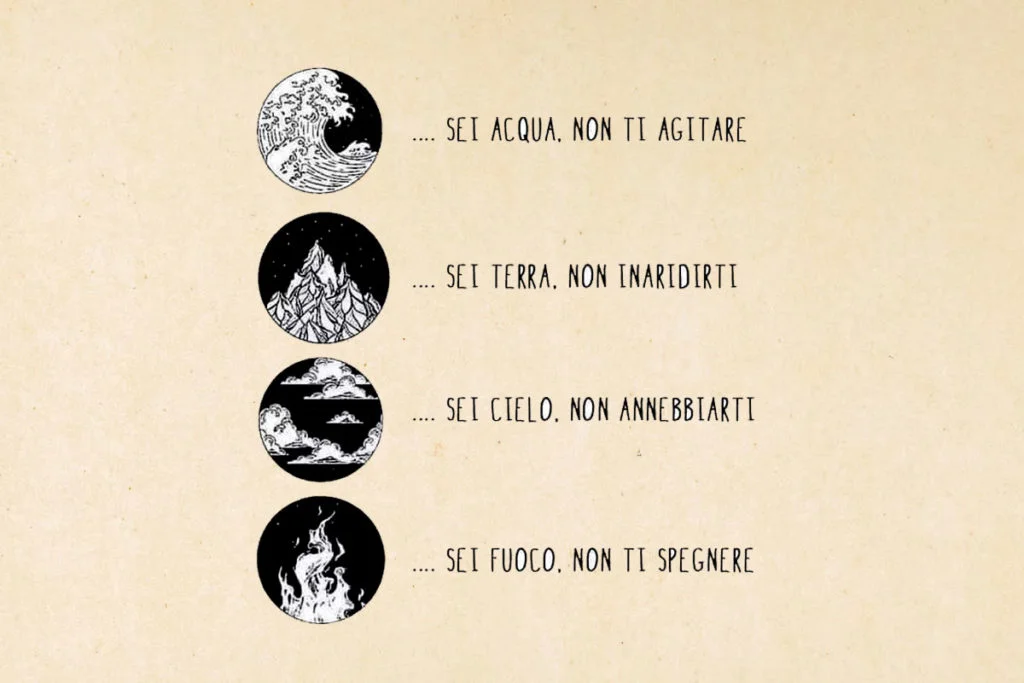 sei acqua, non ti agitare, sei terra, non inaridirti, sei cielo, non annebbiarti, sei fuoco, non ti spegnere